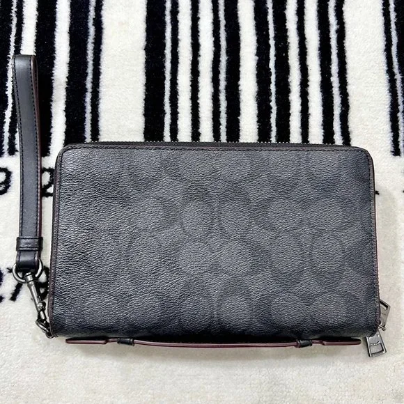 Coach Signature Double Zip Travel Organizer with Wrist Strap Black Oxblood
